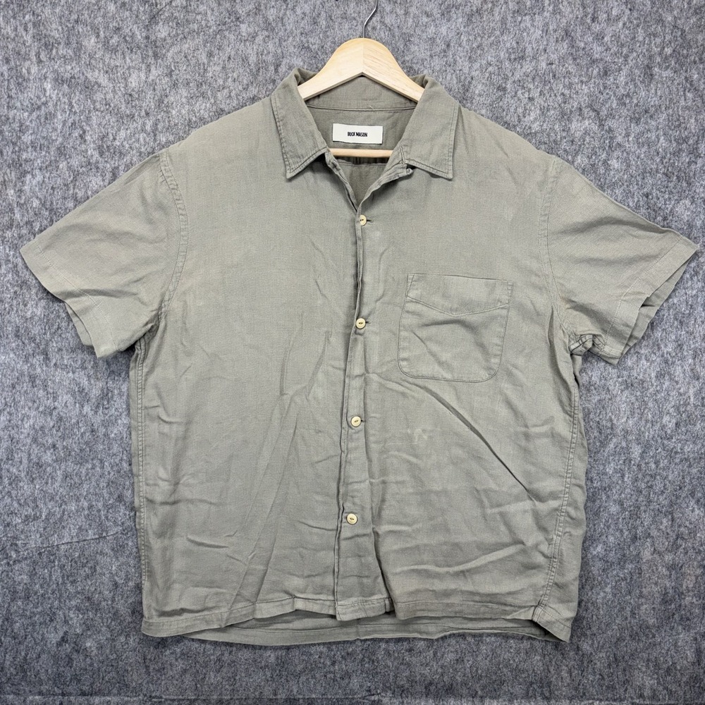 Buck Mason Camp Shirt Men Medium Green Short Sleeve Button Up Loop Collar  Boxy